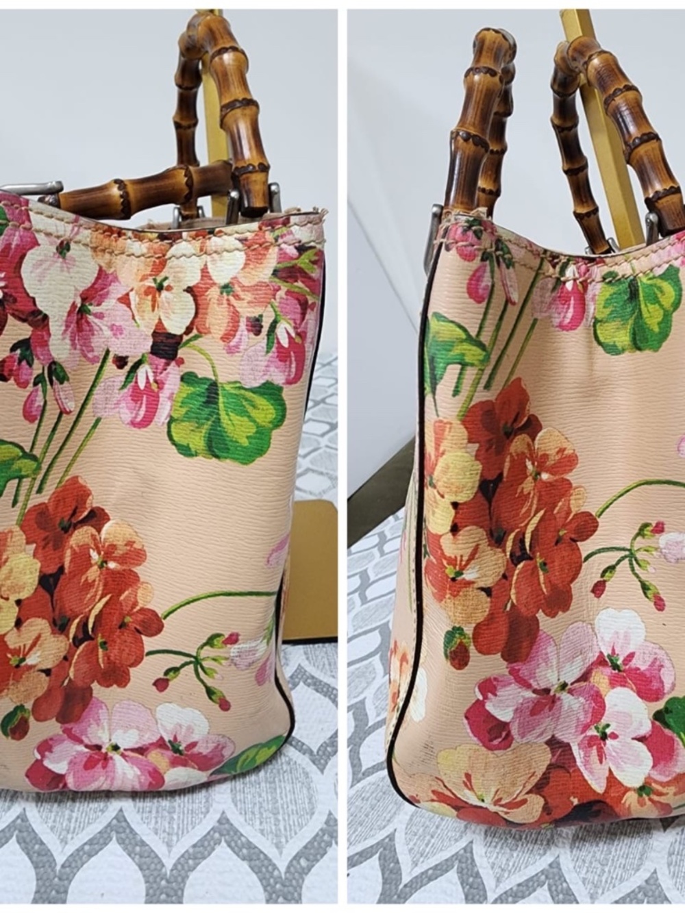 Authentic GUCCI Shangai Calfskin Blooms Print Medium Bamboo Shopper Tote Pink/Mu - Picture 8 of 14